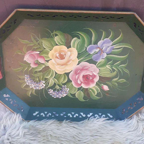 VINTAGE PINK ROSES FLORAL TOLE SERVING TRAY / Display WALL DECOR